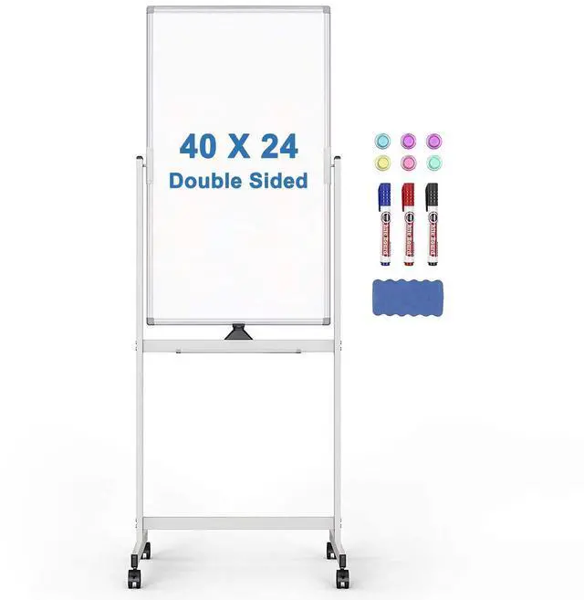 Main image of Rolling Whiteboard on Wheels 40" x 24" Aluminum Frame | Magnetic Mobile White Board, Double Sided Dry Erase Easel with Stand. Ideal for Home School, Office and Classroom
