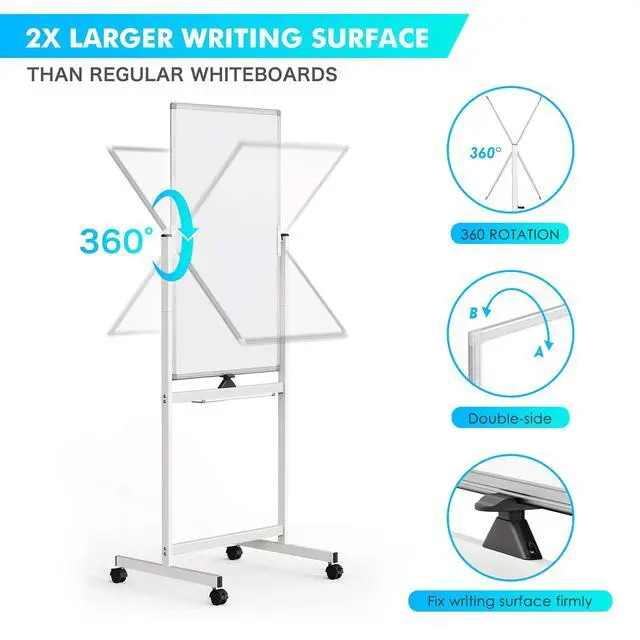 Alt view image 2 of 7 - Rolling Whiteboard on Wheels 40" x 24" Aluminum Frame | Magnetic Mobile White Board, Double Sided Dry Erase Easel with Stand. Ideal for Home School, Office and Classroom