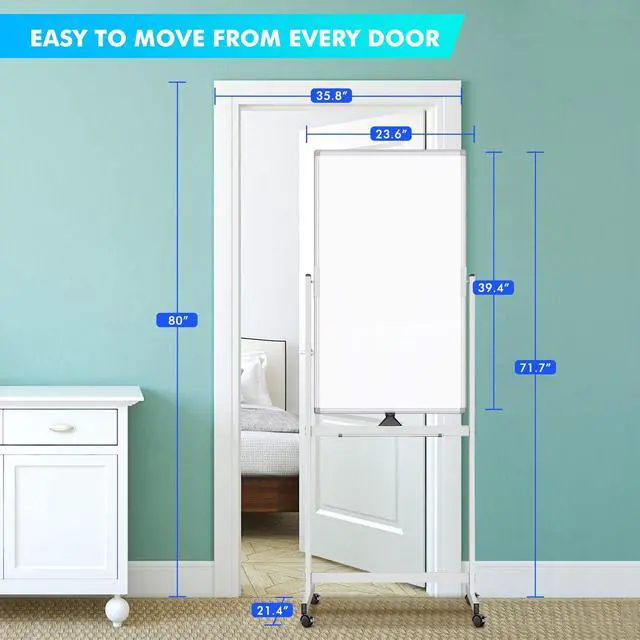 Alt view image 4 of 7 - Rolling Whiteboard on Wheels 40" x 24" Aluminum Frame | Magnetic Mobile White Board, Double Sided Dry Erase Easel with Stand. Ideal for Home School, Office and Classroom