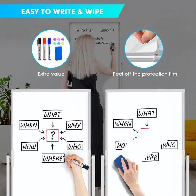 Alt view image 5 of 7 - Rolling Whiteboard on Wheels 40" x 24" Aluminum Frame | Magnetic Mobile White Board, Double Sided Dry Erase Easel with Stand. Ideal for Home School, Office and Classroom