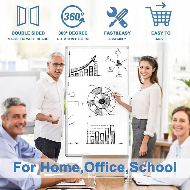 Alt view image 6 of 7 - Rolling Whiteboard on Wheels 40" x 24" Aluminum Frame | Magnetic Mobile White Board, Double Sided Dry Erase Easel with Stand. Ideal for Home School, Office and Classroom