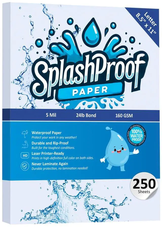 Main image of Printer Paper - 8.5" x 11", 5 Mil Waterproof Paper, Laser Printer & Copy Machine Compatible (8.5" x 11" - Letter, 250 Sheets)