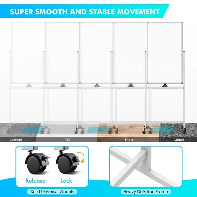 Alt view image 3 of 7 - Rolling Whiteboard on Wheels 40" x 24" Aluminum Frame | Magnetic Mobile White Board, Double Sided Dry Erase Easel with Stand. Ideal for Home School, Office and Classroom