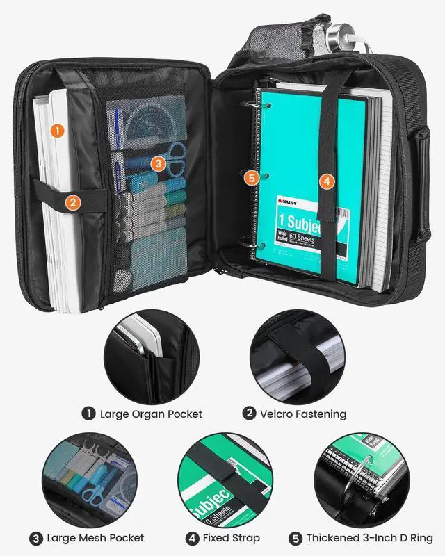 Alt view image 3 of 7 - Zipper Binder 3 Inch D-Ring 3 Ring with Water Bottle Holder | Binder with Strap for School/Office, 700 Sheet Capacity-Multiple Pockets, Fit for 13" Tablet/Laptop, Black
