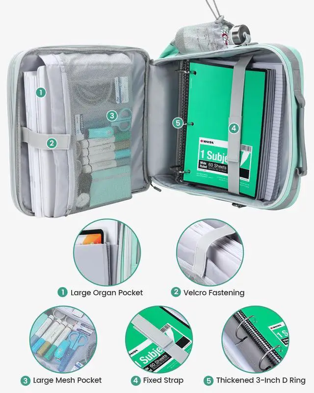 Alt view image 4 of 7 - Zipper Binder 3 Inch D-Ring 3 Ring with Water Bottle Holder | Binder with Strap for School/Office, 700 Sheet Capacity-Multiple Pockets, Fit for 13" Tablet/Laptop, Light Blue