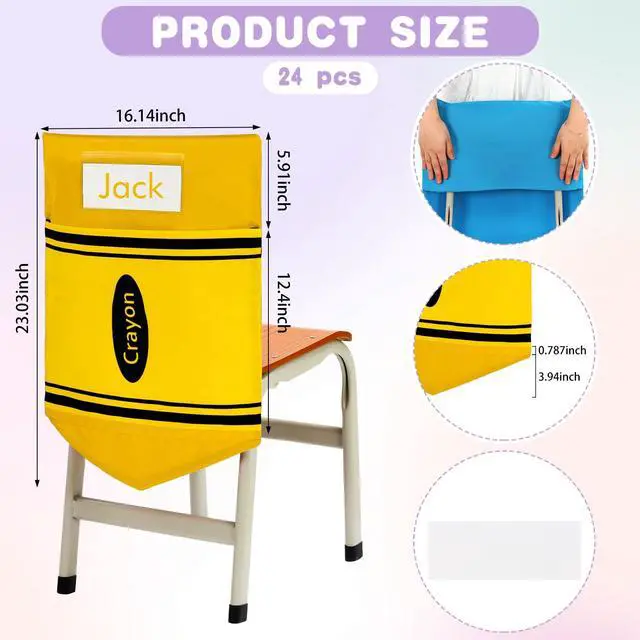 Alt view image 2 of 6 - 24 Pcs Chair Pockets for Classroom 16 x 20'' Colorful Crayon Classroom Decor Rainbow Chairback Storage Pocket Large Seat Back Organizer with Name Slot for Back to School Office Home(Bright)