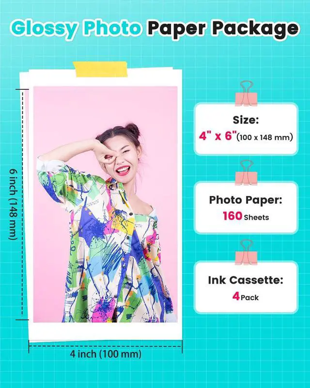 Alt view image 2 of 7 - 2pk Compatible with Liene Amber M100/M200/M110/M210 Photo Printer Paper | 4x6 160 Sheets,Only for Liene DHP512/DHP513/DHP514/DHP515 Photo Printer, 4 Ink Cartridges Refill, Waterproof, Smudge Proof