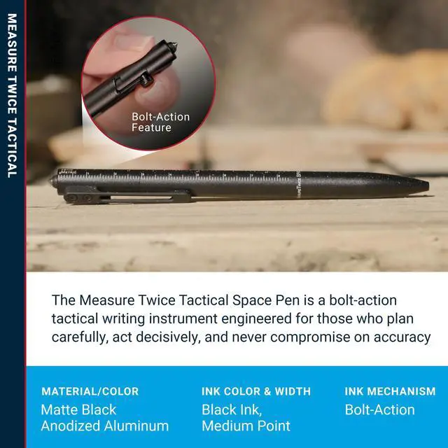 Alt view image 3 of 7 - Space Pen Measure Twice Tactical Pen, Gift Box | Bolt Action, Standard and Metric Scales Ruler, Glass Breaker Tip, Writes Upside Down and in Extreme Temperatures, Pocket Clip
