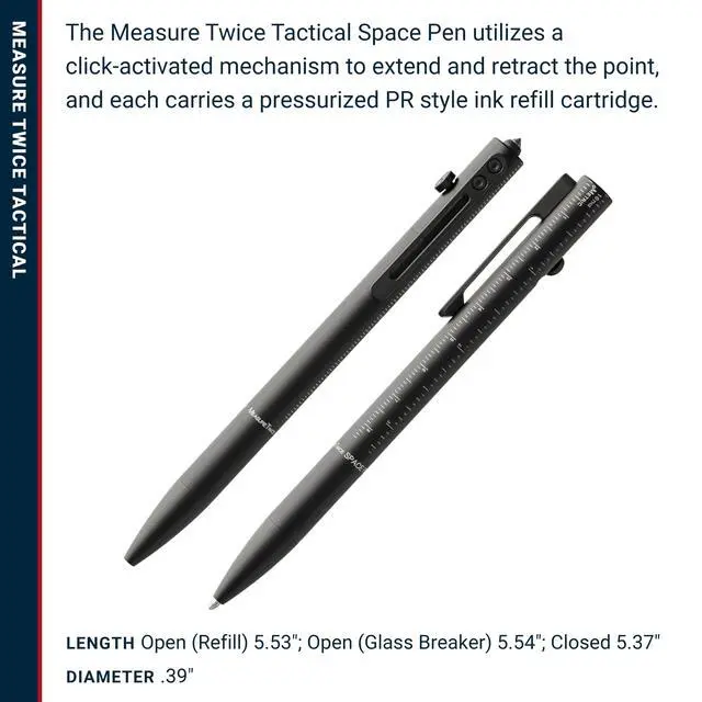Alt view image 6 of 7 - Space Pen Measure Twice Tactical Pen, Gift Box | Bolt Action, Standard and Metric Scales Ruler, Glass Breaker Tip, Writes Upside Down and in Extreme Temperatures, Pocket Clip