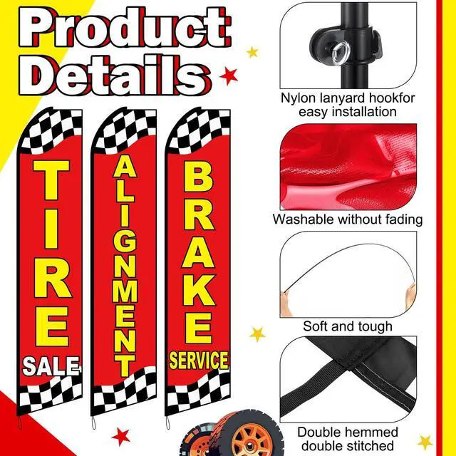 Alt view image 3 of 7 - 3 Pack Auto Repair Feather Flag -12 ft Advertising Flags for Business with Pole Kit Tire Sale Alignment Brake Service Banner Feather Signs Set for Auto Repair Shop Supplies