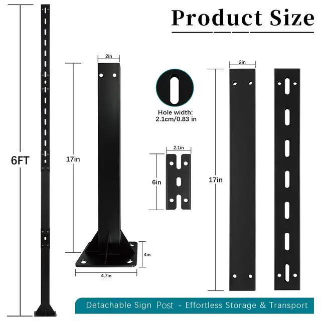 Alt view image 3 of 7 - 2 Pcs 6' Heavy-Duty Bolt Down Sign Post with Base, Plinth-mounted Metal Holder with Pre-Drilled Holes, Base-plate Mounted Pole for Parking Traffic Street Store