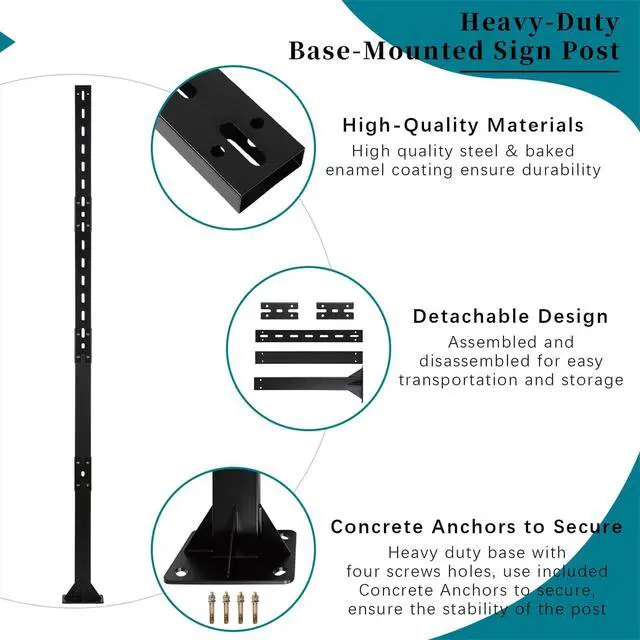 Alt view image 5 of 7 - 2 Pcs 6' Heavy-Duty Bolt Down Sign Post with Base, Plinth-mounted Metal Holder with Pre-Drilled Holes, Base-plate Mounted Pole for Parking Traffic Street Store