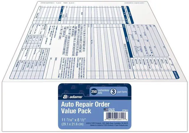 Main image of Garage Repair Order Forms, 8.5 x 11 Inch, 3 Parts, 250-Count, White and Canary and White Tag (GT3811)