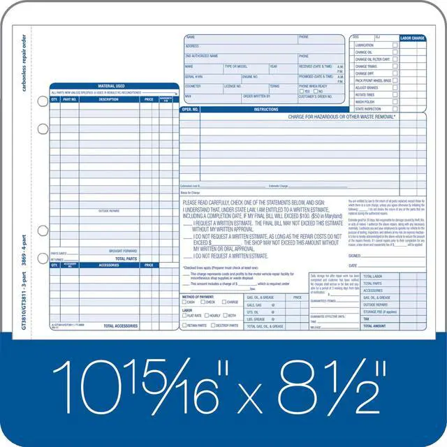 Alt view image 3 of 3 - Garage Repair Order Forms, 8.5 x 11 Inch, 3 Parts, 250-Count, White and Canary and White Tag (GT3811)