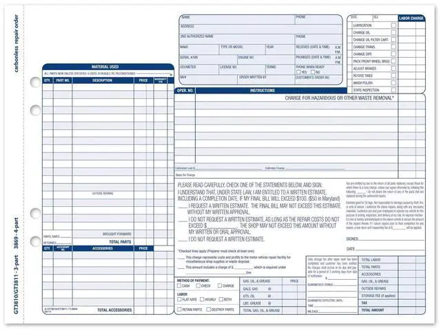 Alt view image 2 of 3 - Garage Repair Order Forms, 8.5 x 11 Inch, 3 Parts, 250-Count, White and Canary and White Tag (GT3811)