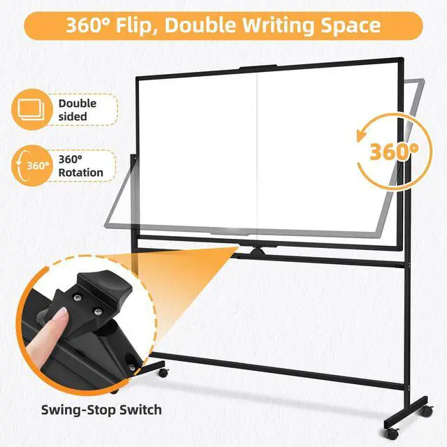 Alt view image 2 of 7 - Rolling White Board on Wheels, 72" x 40" Dry Erase Whiteboard Stand Black | Double-Sided Reversible, 6 x 3.33 ft, Standing Magnetic Whiteboard, Giant Mobile Board, Portable for Office School