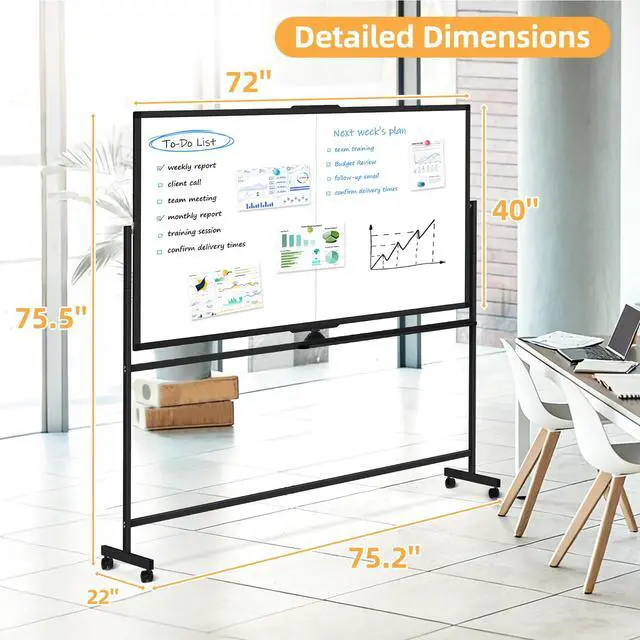 Alt view image 6 of 7 - Rolling White Board on Wheels, 72" x 40" Dry Erase Whiteboard Stand Black | Double-Sided Reversible, 6 x 3.33 ft, Standing Magnetic Whiteboard, Giant Mobile Board, Portable for Office School