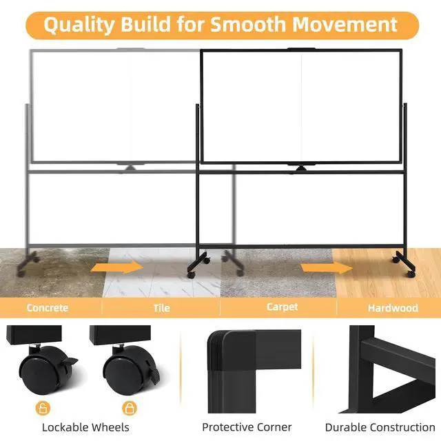 Alt view image 5 of 7 - Rolling White Board on Wheels, 72" x 40" Dry Erase Whiteboard Stand Black | Double-Sided Reversible, 6 x 3.33 ft, Standing Magnetic Whiteboard, Giant Mobile Board, Portable for Office School
