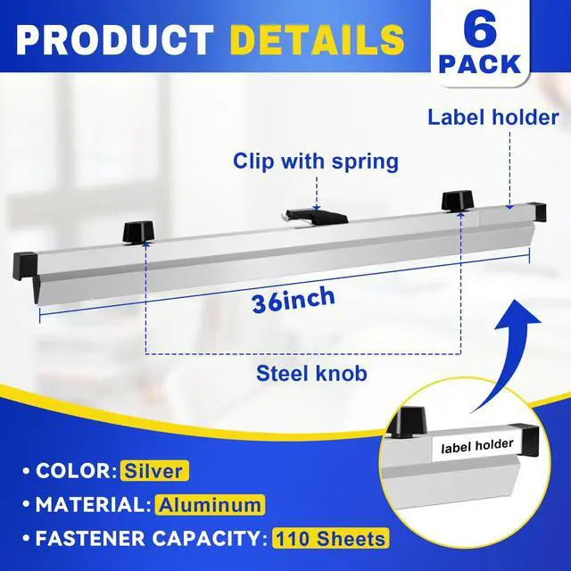 Alt view image 2 of 7 - Blueprint Hanging Clamps 36 Inch 6Pack, Aluminum Blueprint Holder | Print Rack Adjustable with Wing Knob Nuts, Binding Strips Storage for Construction Paper Poster Maps Plans Drawings Arts