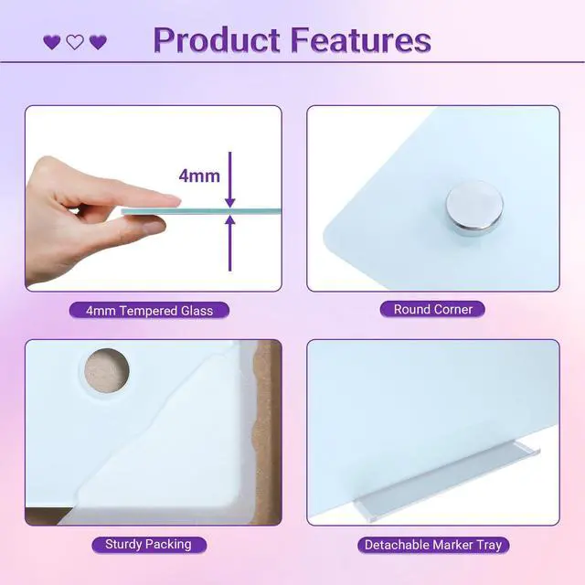 Alt view image 2 of 7 - Magnetic Glass Whiteboard - 36 x 24 Glass Dry Erase Board for wall, Frameless Glass WhiteBoard for Office, Home & School
