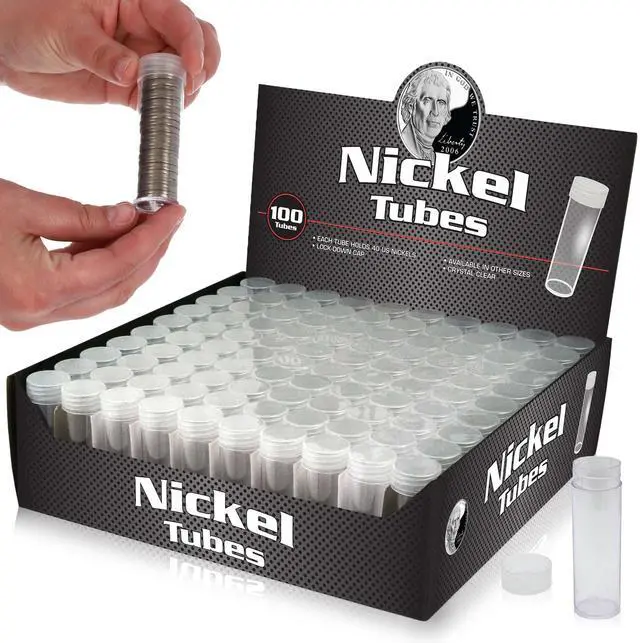 Main image of Coin Tubes for US Nickels - 100ct | Durable Plastic Tube Coin Holders | Coin Collecting Supplies | Nickel Coin Tubes | Coin Storage Tubes with Airtight Lids
