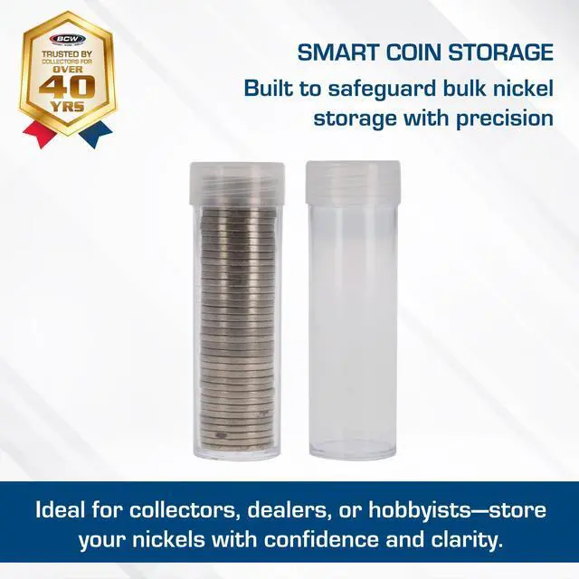 Alt view image 2 of 7 - Coin Tubes for US Nickels - 100ct | Durable Plastic Tube Coin Holders | Coin Collecting Supplies | Nickel Coin Tubes | Coin Storage Tubes with Airtight Lids