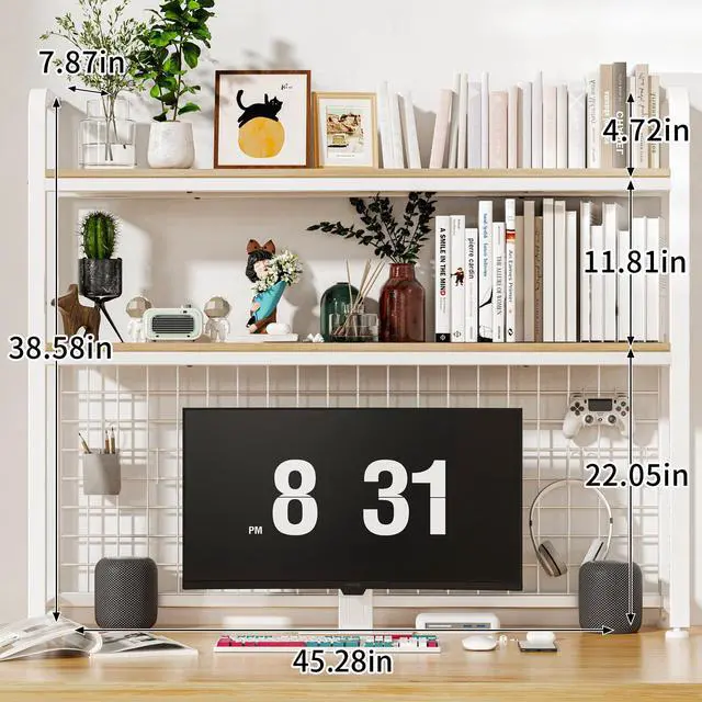 Alt view image 2 of 7 - Desktop Bookshelf for Computer Desk, 2-Tier Multipurpose Wood Countertop Bookshelf, Multipurpose Freestanding Storage Rack Display Shelf for Office, Home Decor, White
