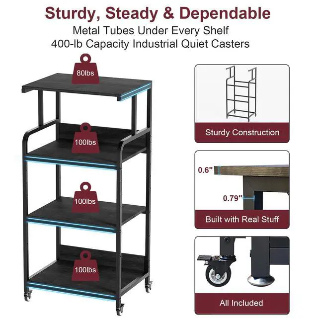 Alt view image 2 of 7 - 4 Tier Printer Stand with Wheels, Extra Large Tall Printer Table for Home Office, Printer and Shredder Stand with Storage Shelf (Black)