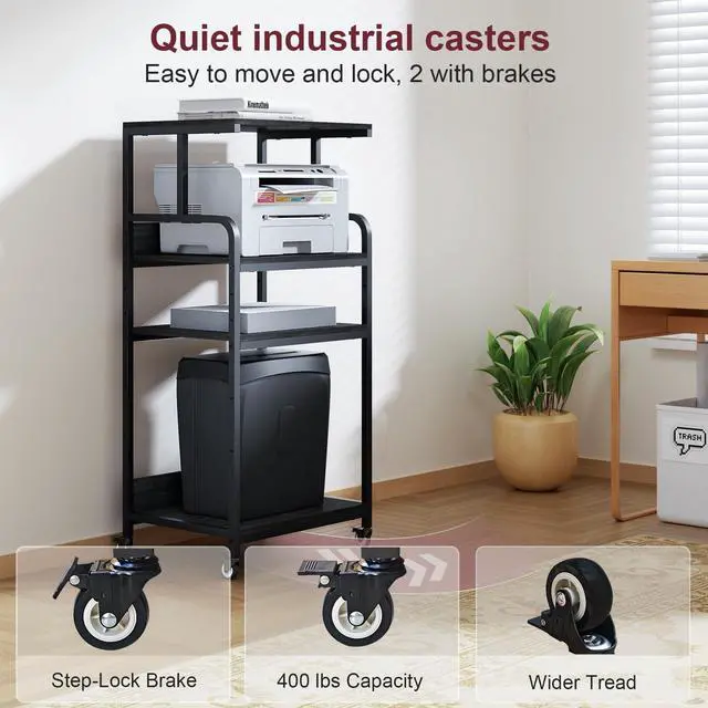 Alt view image 4 of 7 - 4 Tier Printer Stand with Wheels, Extra Large Tall Printer Table for Home Office, Printer and Shredder Stand with Storage Shelf (Black)
