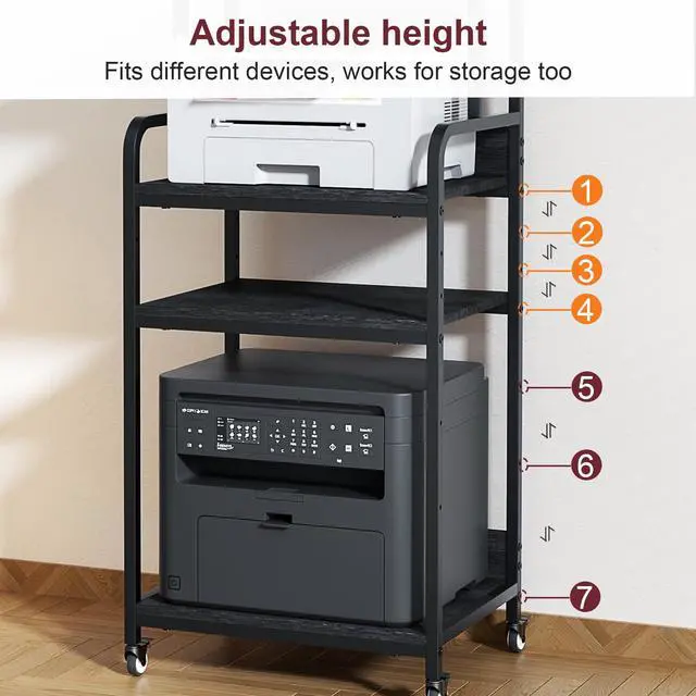 Alt view image 5 of 7 - 4 Tier Printer Stand with Wheels, Extra Large Tall Printer Table for Home Office, Printer and Shredder Stand with Storage Shelf (Black)