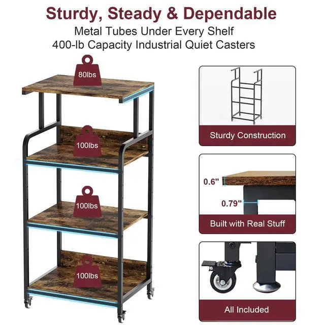 Alt view image 2 of 7 - Extra Large Printer Stand with Wheels, 4-Tier Tall Printer Table, Printer and Shredder Stand with Storage Shelf for Home Office (Rustic Brown)