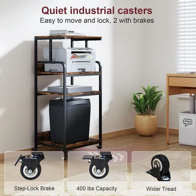 Alt view image 4 of 7 - Extra Large Printer Stand with Wheels, 4-Tier Tall Printer Table, Printer and Shredder Stand with Storage Shelf for Home Office (Rustic Brown)