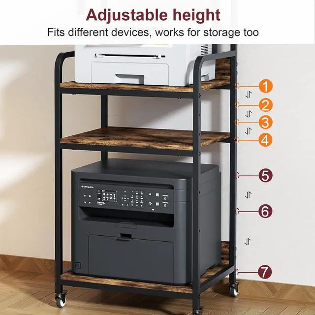 Alt view image 5 of 7 - Extra Large Printer Stand with Wheels, 4-Tier Tall Printer Table, Printer and Shredder Stand with Storage Shelf for Home Office (Rustic Brown)