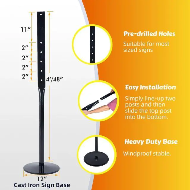 Alt view image 2 of 7 - Heavy Duty Cast Iron Sign Post and Base Kit - 12" DIA Stand with 48" Post and Bolts & Nuts for Hanging Signs, Portable Sign Holder for Parking and Recreational Use