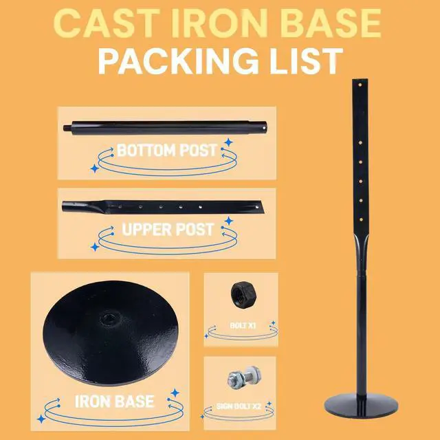Alt view image 5 of 7 - Heavy Duty Cast Iron Sign Post and Base Kit - 12" DIA Stand with 48" Post and Bolts & Nuts for Hanging Signs, Portable Sign Holder for Parking and Recreational Use