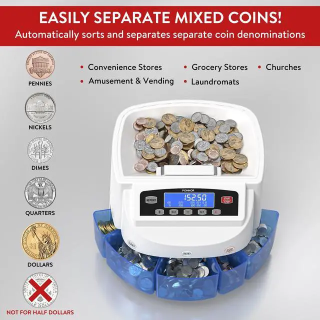 Alt view image 2 of 7 - Coin Counter Machine Sorter Change and Wrapper Roller Counting Organizer Sorts up to 300 Coins Per Minute Automatically Sorts and Batches - White