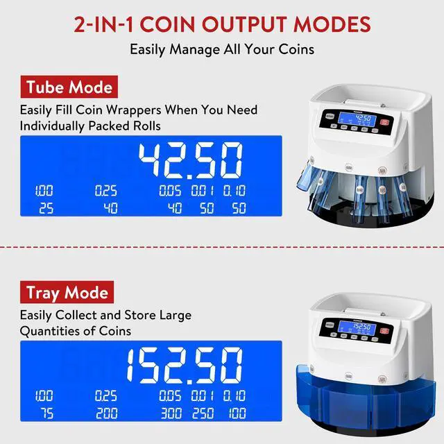 Alt view image 4 of 7 - Coin Counter Machine Sorter Change and Wrapper Roller Counting Organizer Sorts up to 300 Coins Per Minute Automatically Sorts and Batches - White