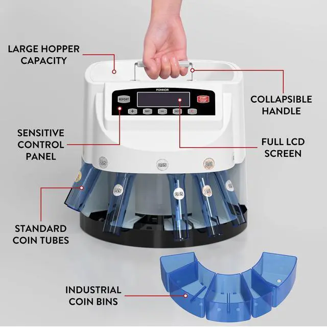 Alt view image 6 of 7 - Coin Counter Machine Sorter Change and Wrapper Roller Counting Organizer Sorts up to 300 Coins Per Minute Automatically Sorts and Batches - White