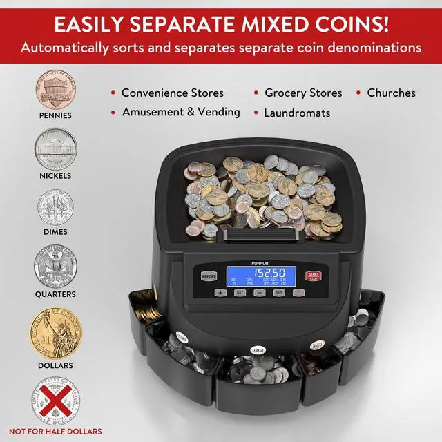 Alt view image 3 of 7 - Coin Counter Machine Sorter Change and Wrapper Roller Counting Organizer Sorts up to 300 Coins Per Minute Automatically Sorts and Batches - Black