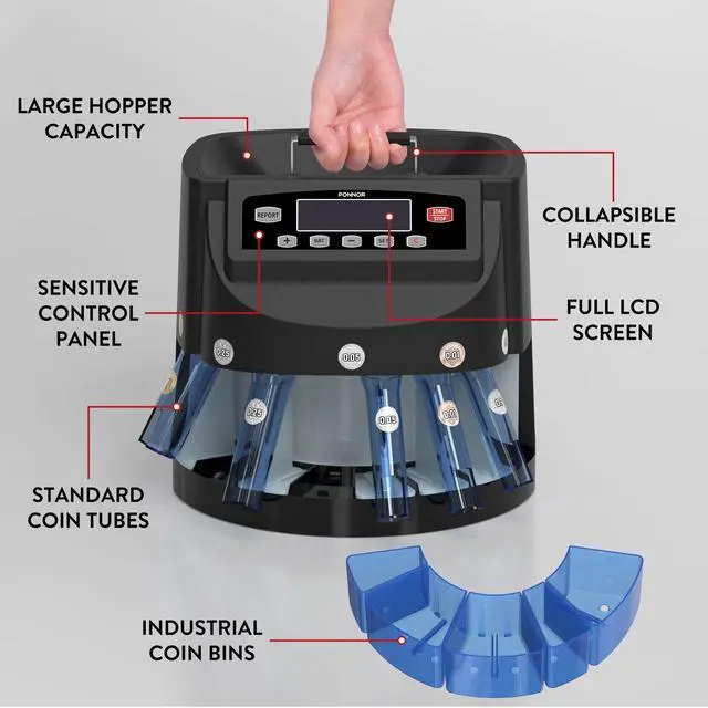 Alt view image 4 of 7 - Coin Counter Machine Sorter Change and Wrapper Roller Counting Organizer Sorts up to 300 Coins Per Minute Automatically Sorts and Batches - Black