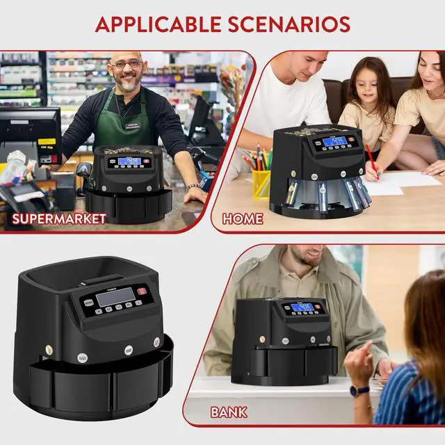 Alt view image 7 of 7 - Coin Counter Machine Sorter Change and Wrapper Roller Counting Organizer Sorts up to 300 Coins Per Minute Automatically Sorts and Batches - Black