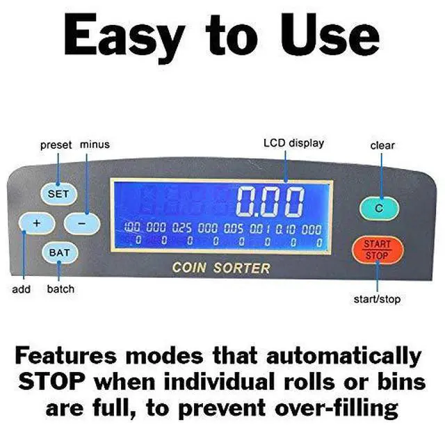 Alt view image 3 of 7 - Electronic USD Coin Sorter and Counter with LCD Display, Sorts 270 Coins Per Minute into Coin Wrappers or Bins, Coin Wrapper Tubes Included by