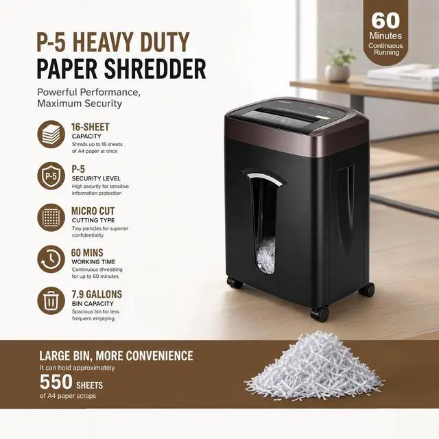 Alt view image 2 of 7 - 16 Sheets Paper Shredder Heavy Duty for Home Office | P-5, 60 Mins Runtime, 7.9 gal, Micro Cut, Shreds CDs & Credit Cards
