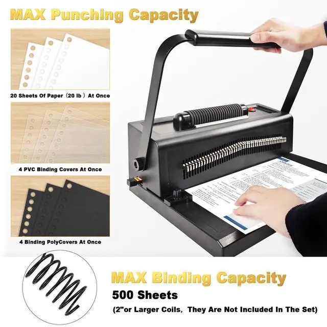 Alt view image 6 of 7 - Spiral Coil Binding Machine with 100 Pack 3/8"(10mm) Coils & Pliers | 4:1 Pitch, 20 Sheet Punch Capacity, Quick Electric Coil Insert, 46 Disengaging Pins, Adjustable Margin,Fit Letter Size/A4/A5