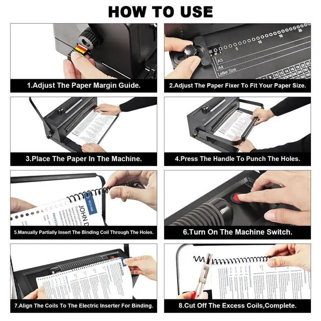 Alt view image 7 of 7 - Spiral Coil Binding Machine with 100 Pack 3/8"(10mm) Coils & Pliers | 4:1 Pitch, 20 Sheet Punch Capacity, Quick Electric Coil Insert, 46 Disengaging Pins, Adjustable Margin,Fit Letter Size/A4/A5