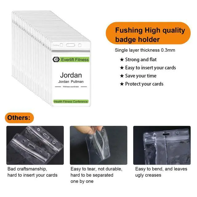 Alt view image 3 of 7 - Name Badge Holders with Clips - 250Pcs Waterproof Vertical Clear Plastic ID Badge Name Tag Holders with Metal Clips and Vinyl Straps