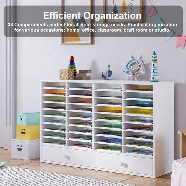 Alt view image 5 of 6 - Mail Sorter Wood Literature Organizer, Student Mailbox for Classroom, Desktop Bill Paper Holder for Office Home School, 38 Compartments, White