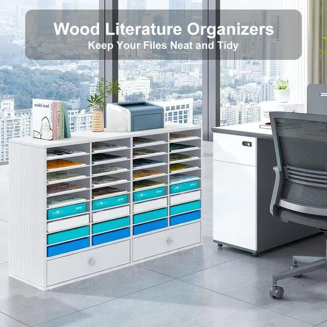 Alt view image 4 of 6 - Mail Sorter Wood Literature Organizer, Student Mailbox for Classroom, Desktop Bill Paper Holder for Office Home School, 38 Compartments, White