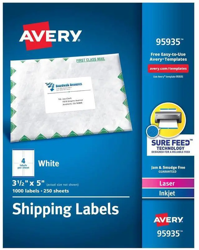 Main image of Printable Shipping Labels with Sure Feed, 3.5" x 5", White, 1,000 Blank Mailing Labels (95935)