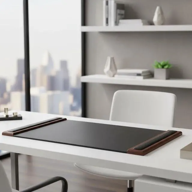 Alt view image 3 of 5 - Walnut & Black Leather 34" x 20" Side-Rail Desk Pad